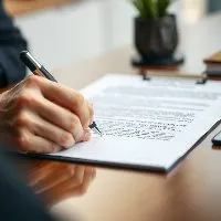 A hand signing a document on a desk
